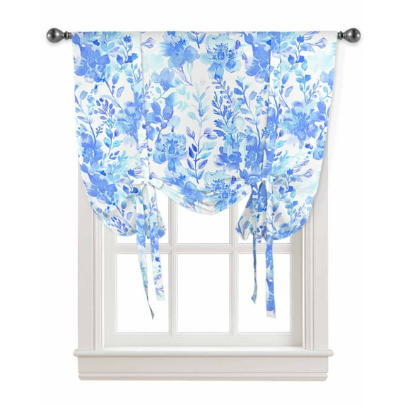 Blue Flowers Tie Up Curtains for Kitchen Bathroom Bedroom Windows 45 Inch Length, Watercolor Summer Botanical Floral Balloon Drape Curtains Shade Rod Pocket Drapery Curtain Panel, 42"x54"