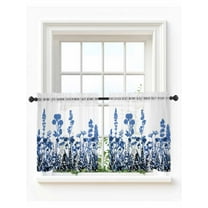 Blue Flowers Tier Curtains 24 Inch Length,Sheer Curtains for Bedroom Living Room,Simple Spring Ombre Botanical Floral Rod Pocket Voile Drapes Kitchen Curtains Small Half Window 27.5"x24" 2 Panels