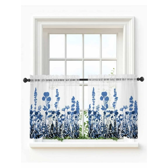 Blue Flowers Tier Curtains 24 Inch Length,Sheer Curtains for Bedroom Living Room,Simple Spring Ombre Botanical Floral Rod Pocket Voile Drapes Kitchen Curtains Small Half Window 27.5"x24" 2 Panels