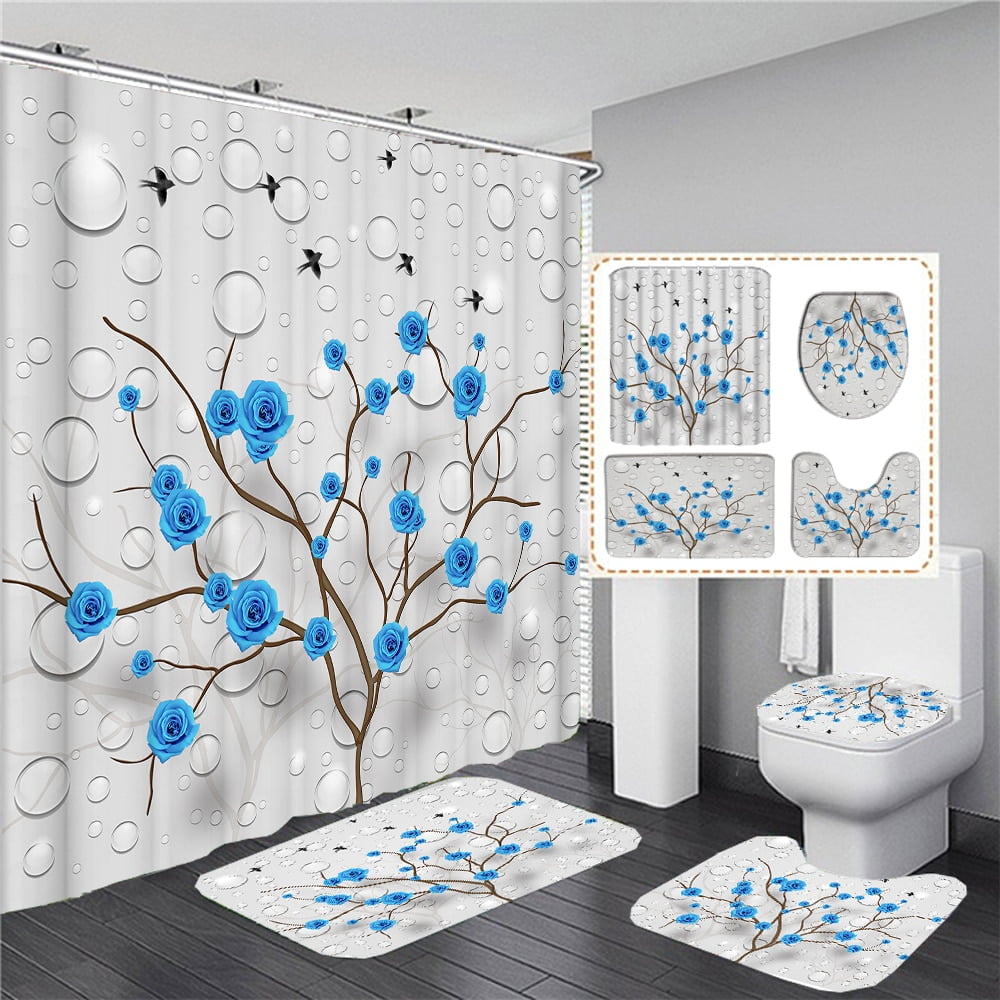 Blue Flowers Trees Shower Curtain Sets Non-Slip Rugs Toilet Lid Cover and Bath Mat Waterproof ...