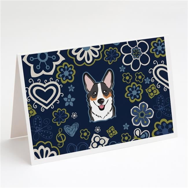 Blue Flowers Tricolor Corgi Greeting Cards & Envelopes - Pack of 8