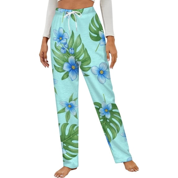 Blue Flowers Tropical Leaves Pattern Winter Female Pants Flannel High Waist Women Pants Lady Warm Straight Leg Plush Trousers