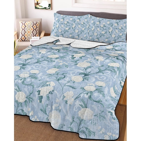 Blue Flowers Twin Size Down Alternative Comforter, Lightweight Comforter Quilt Bedding Set with Pillow Shams Farmhouse Botanical White Floral Leaves All Seasons Bed Comforter Duvet Insert 68"x86"