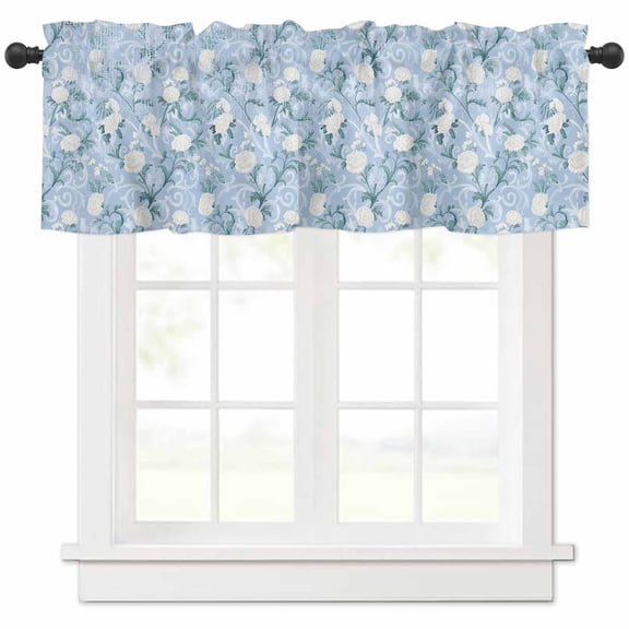 Blue Flowers Valances for Windows Farmhouse Kitchen Curtains Valances Rod Pocket Valance Curtains for Kitchen Windows Farmhouse Botanical White Floral Leaves Window Valances for Bathroom 60"x18"