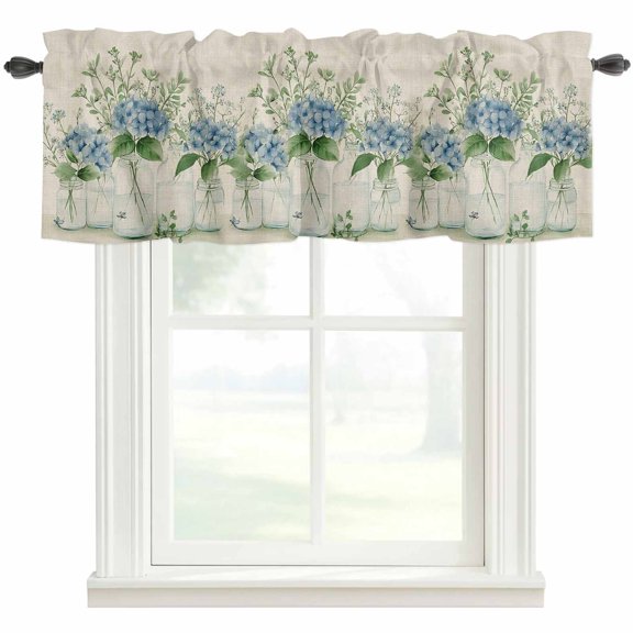 Blue Flowers Valances for Windows Farmhouse Kitchen Curtains Valances Rod Pocket Valance Curtains for Windows Spring Botanical Budding Vase Florals Window Valances for Bathroom Bedroom 42"x12"