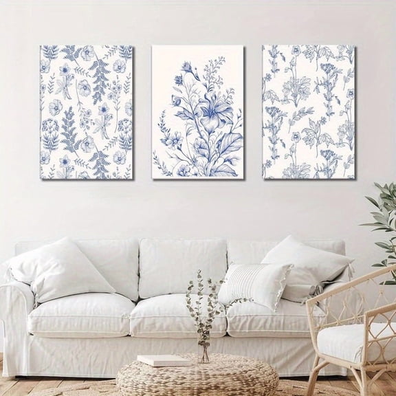 Blue Flowers Wall Art Set of 3, Chinoiserie Floral Canvas Wall Decor, Botanical Wall Art, Blue-Purple Wildflower Pattern Prints, Blue and White Plant Painting for Bathroom Bedroom Frameless