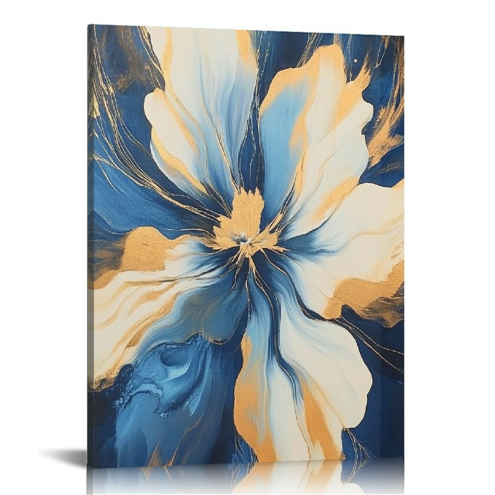 Blue Flowers Wall Decor Abstract Navy Blue and Gold Picture Painting ...