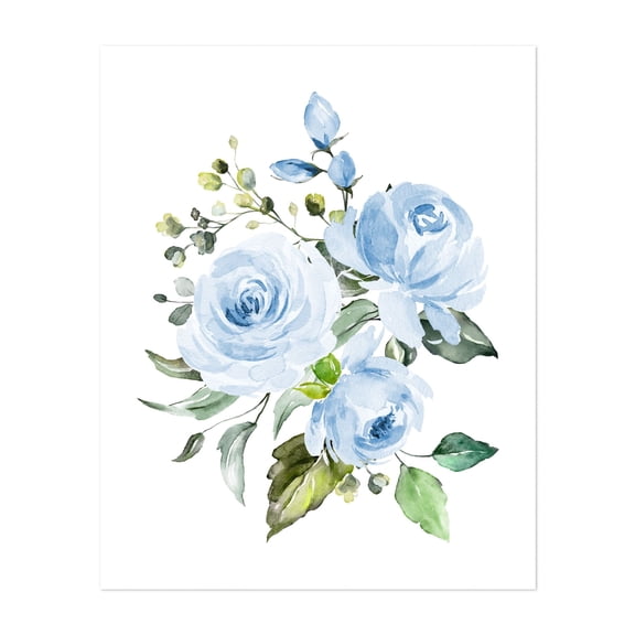 Blue Flowers, Watercolor Flowers, Blue Roses, Greenery, Boy Nursery - Illustration Floral Watercolor Botanical Flowers Pastel Garden Unframed Wall Art Print 9 x 12 inches