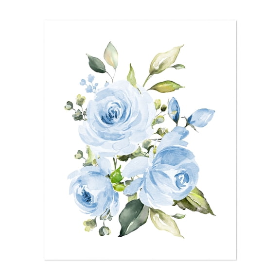Blue Flowers, Watercolor Flowers, Blue Roses, Greenery, Boy Nursery - Illustration Watercolor Floral Flowers Botanical Garden Pastel Nature Unframed Wall Art Print 11 x 14 inches