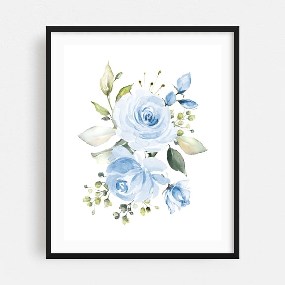 Blue Flowers, Watercolor Flowers, Blue Roses, Greenery, Boy Nursery - Illustration Watercolor Floral Flowers Botanical Pastel Garden Black Framed Wall Art Print 6 x 8 inches