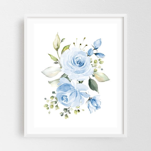 Blue Flowers, Watercolor Flowers, Blue Roses, Greenery, Boy Nursery - Illustration Watercolor Floral Flowers Botanical Pastel Garden White Framed Wall Art Print 11 x 14 inches