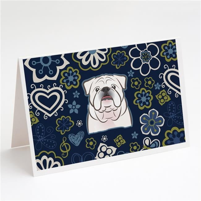 Blue Flowers White English Bulldog Greeting Cards & Envelopes - Pack of 8
