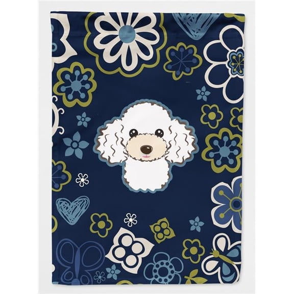 Blue Flowers White Poodle Garden Size Flag