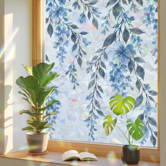 Blue Flowers Window Privacy Film, Rustic Cascading Hanging Vine Twigs ...