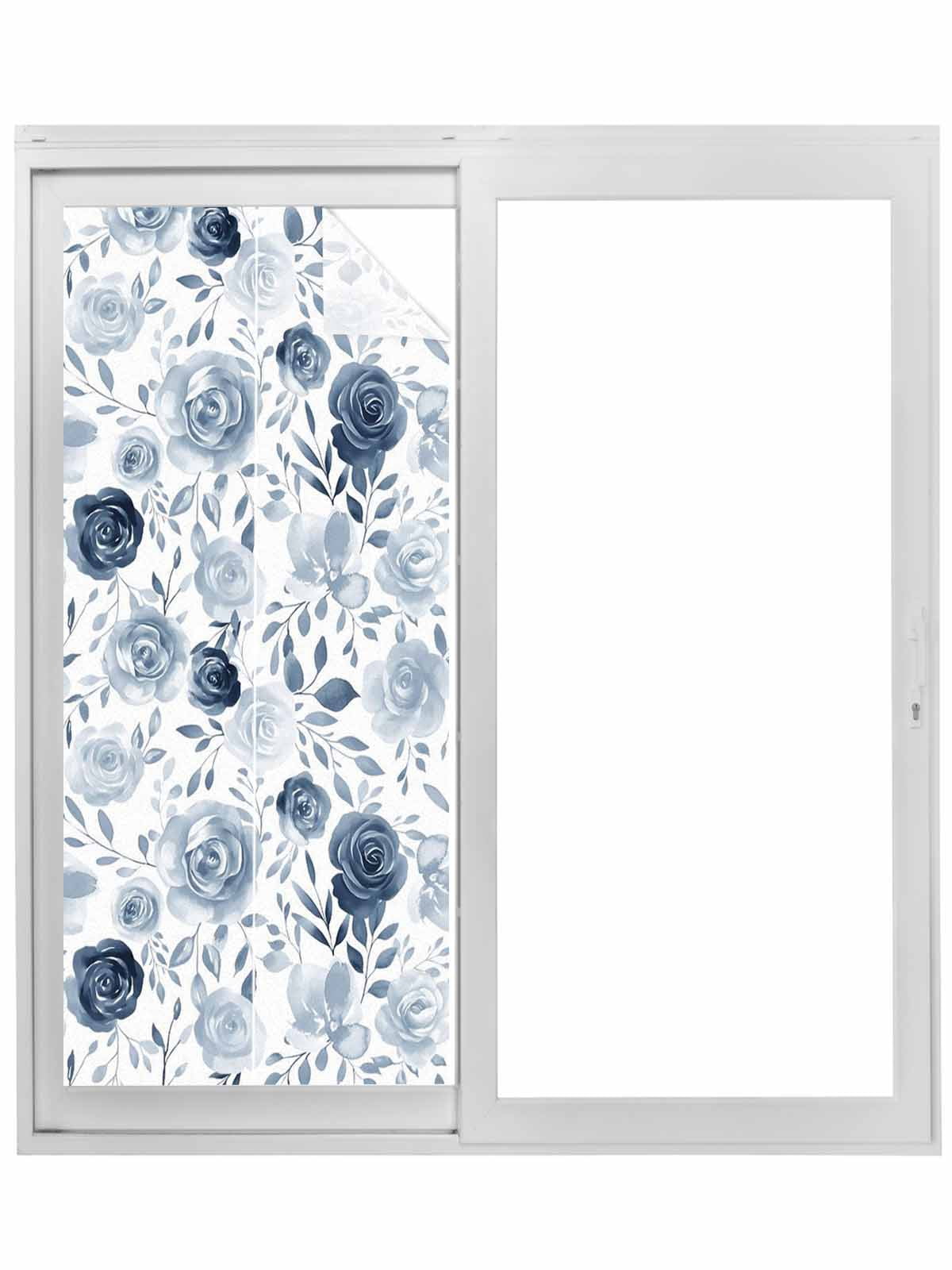 Blue Flowers Window Privacy Film, Watercolor Rustic Retro Floral Leaf ...