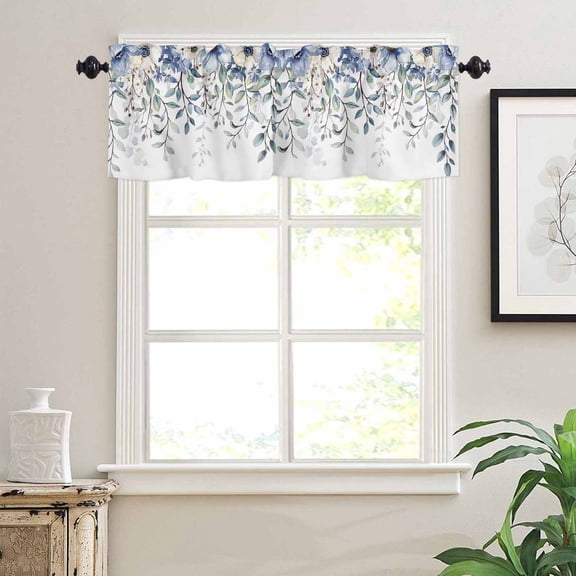 Blue Flowers Window Valances for Kitchen, American Pastoral Leaves Plants Rod Pocket Valances Windows Treatments Curtains for Living Room Bathroom Bedroom Decoration 42" x 12"