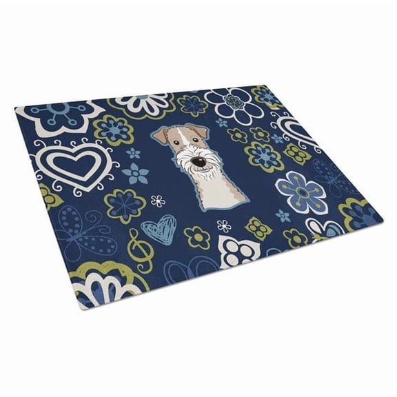 Blue Flowers Wire Haired Fox Terrier Glass Cutting Board - Large