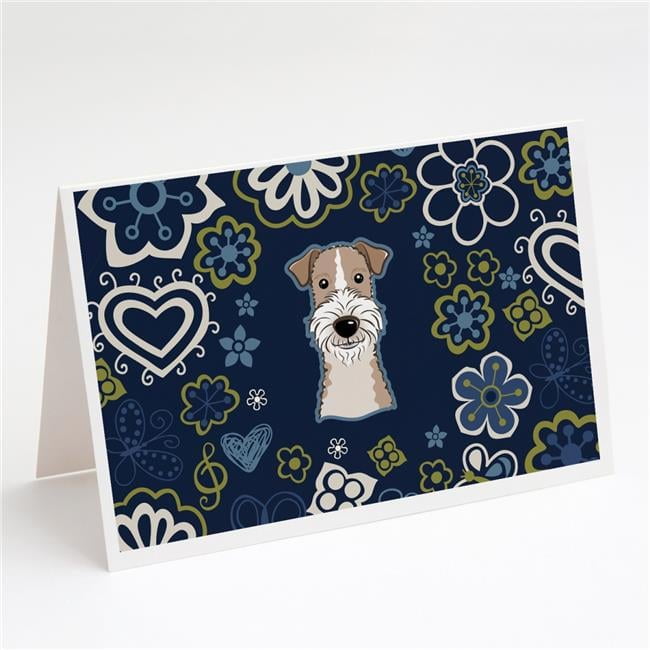 Blue Flowers Wire Haired Fox Terrier Greeting Cards & Envelopes - Pack of 8