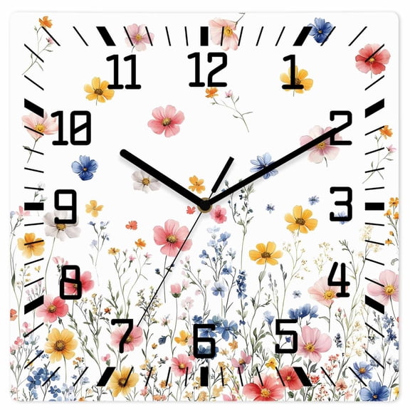 Blue Flowers Wooden Wall Clock Silent Non Ticking, Pink Watercolor Botanical Garden Floral Square Wall Clocks Battery Operated, Decor Clock for Home Office, Living Room, Kitchen, 12 Inch