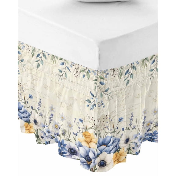 Blue Flowers Wrap Around Bed Skirts for Queen Bed 16" Drop,Bed Skirt with Adjustable Elastic Belt Dust Ruffle Bed Valance for Bedroom Hotel Eucalyptus Farmhouse Floral Butterfly Bed Frame Cover
