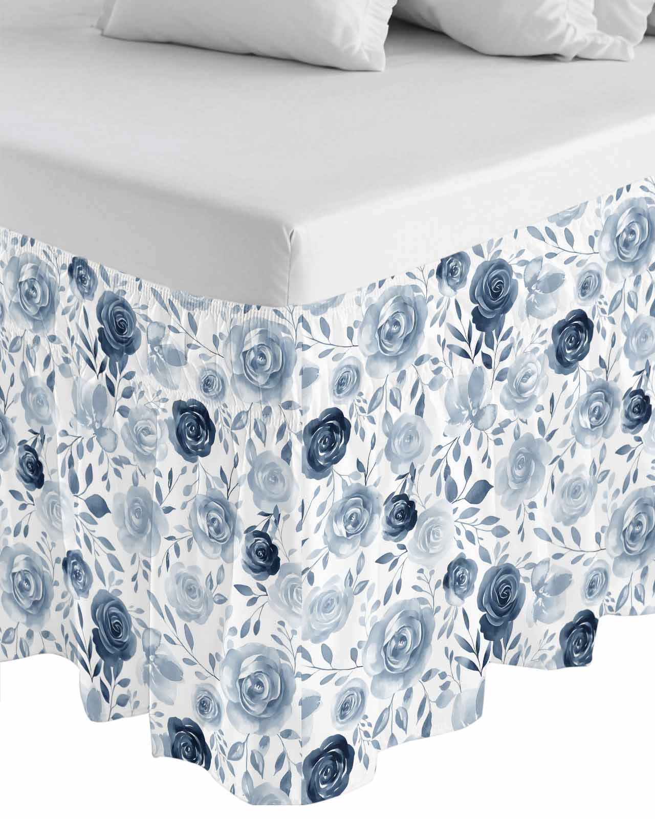 Blue Flowers Wrap Around Bed Skirts for Queen Bed 16" Drop,Bed Skirt with Adjustable Elastic Belt Dust Ruffle Bed Valance for Bedroom Hotel Watercolor Rustic Retro Floral Leaf Vines Bed Frame Cover