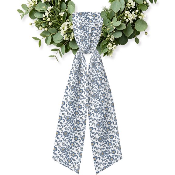 Blue Flowers Wreath Sash for Front Door, Farmhouse Botanical Floral Patterned Wreath Bow Accent for Fall Christmas Holiday Door Decor, Ribbon Sash for Wreaths, Porch Home Decoration