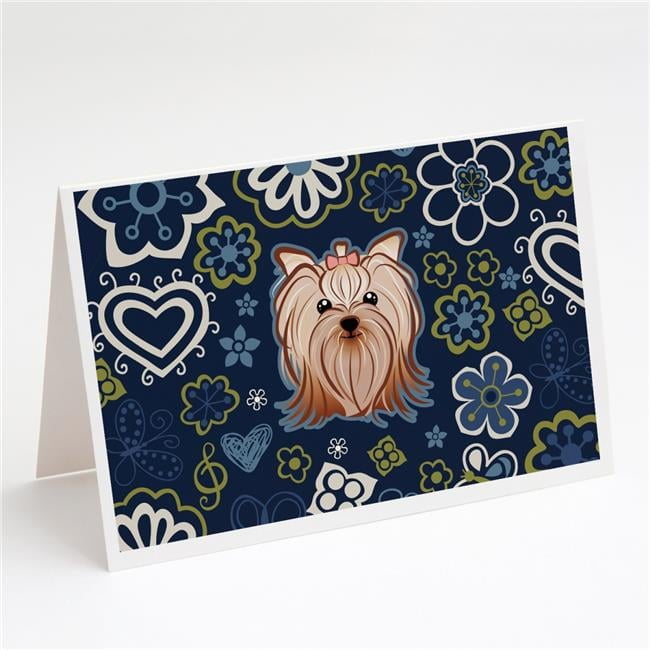 Blue Flowers Yorkie Yorkishire Terrier Greeting Cards & Envelopes - Pack of 8