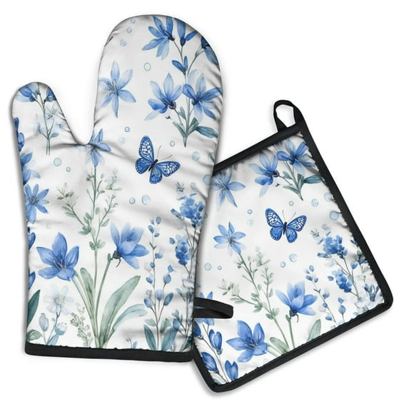 Blue Flowers and Butterflies Kitchen Oven Mitt and Pot Holder Sets 2 Pcs for Baking, Cooking and Grilling, Heat Resistant Up To 392 °F