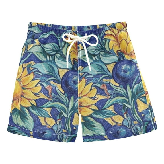 Blue Flowers and Fruits Boys Swim Trunks Quick Dry Boy Swim Shorts for 3-14 Years