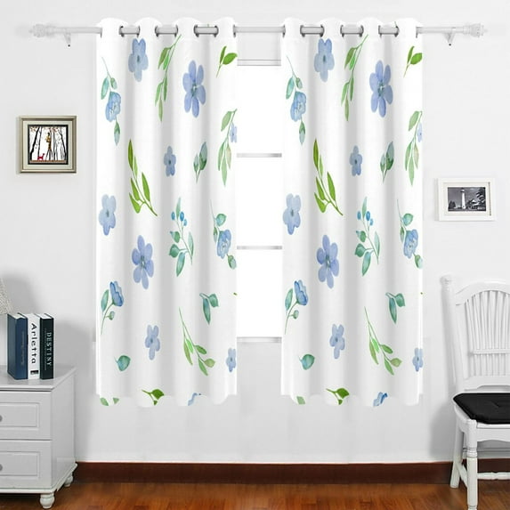 Blue Flowers and Green Leaves Grommet Blackout Curtains Thermal Insulated Window Curtain Sets for Bedroom Living Room 63"L x 55"W 2 Panels