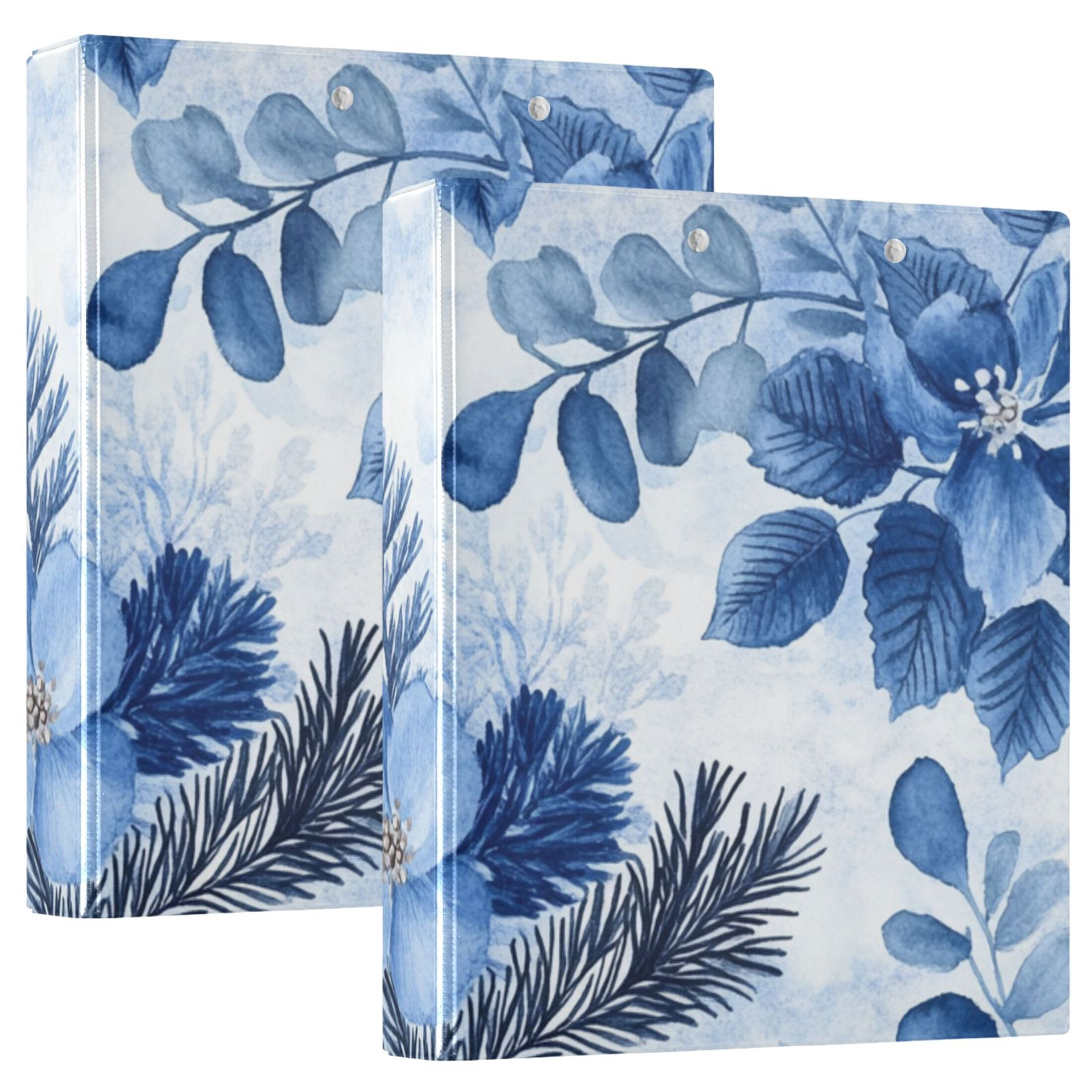 Blue Flowers and Leaves 3 Ring Binders 1.5 inch Hardcover File Folders with Interior Pockets A4 Size Organizer for School Office Hospital