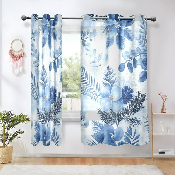 Blue Flowers and Leaves Blackout Curtains 63 inch Length 2 Panels Window Decoration Curtains for Bedroom Living Room