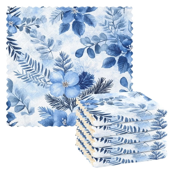 Blue Flowers and Leaves Kitchen Towels 6 Pcs Dish Towels Absorbent Soft Quick Dry Towel Dish Rags for Washing Dishes