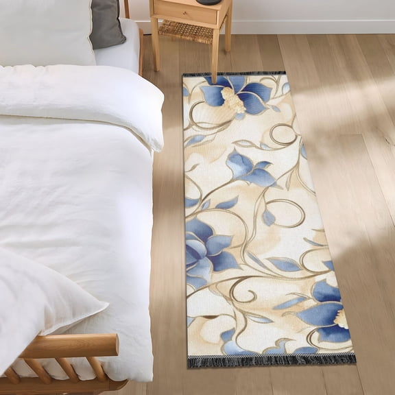 Blue Flowers on Beige Background Bedroom Runner Rug 2'x 6' Non Slip Carpet Indoor Home Area Rug Living Room
