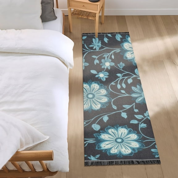 Blue Flowers on Black Background Bedroom Runner Rug 2'x 6' Non Slip Carpet Indoor Home Area Rug Living Room