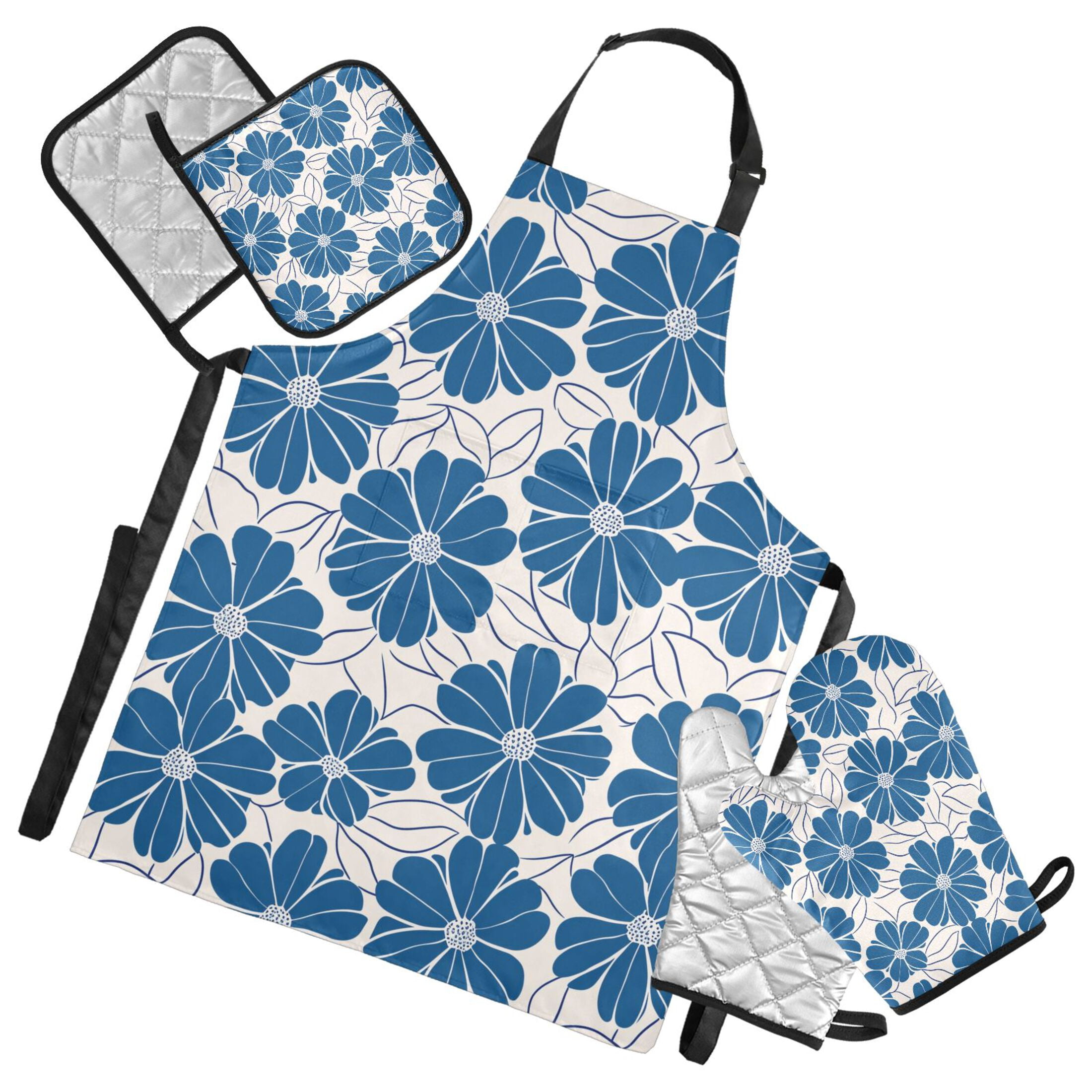 Blue Flowers with Petals 5 Pcs Kitchen Set Heat Resistant Oven Mitts and Non-Slip Pot Holders with Adjustable Cooking Apron