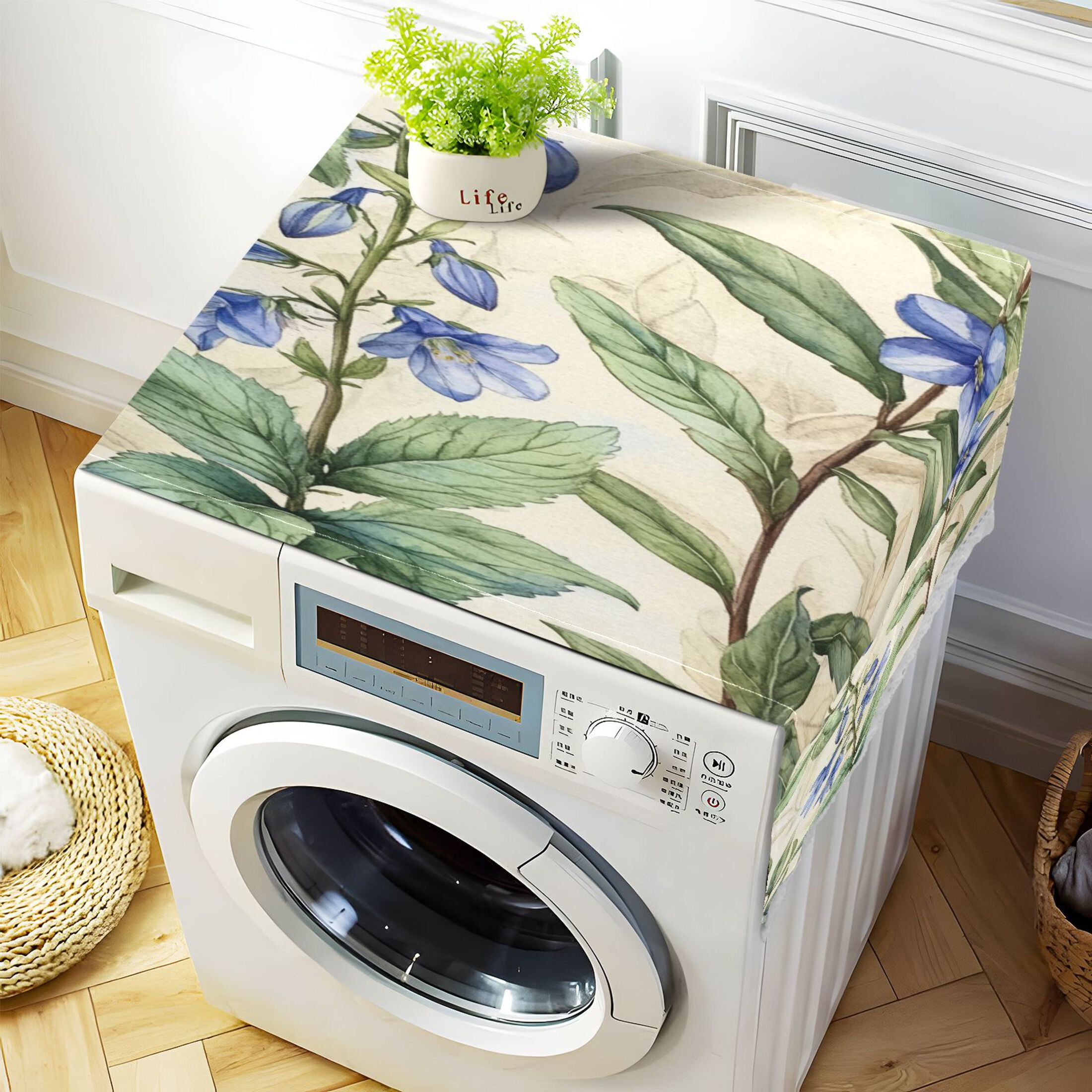 Blue FlowersWasher and Dryer Covers Dust-Proof and Oil Resistant Fridge Cover with 4 Storage Pockets Washing Machine Top Cover for Laundry Kitchen Home 51.2 x 22 In