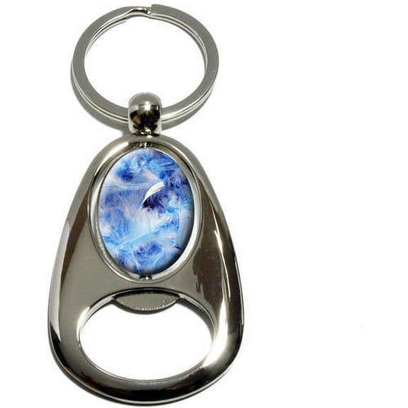 Blue Fluffy Feathers, Angel, Chrome Plated Metal Spinning Oval Design Bottle Opener Keychain Key Ring