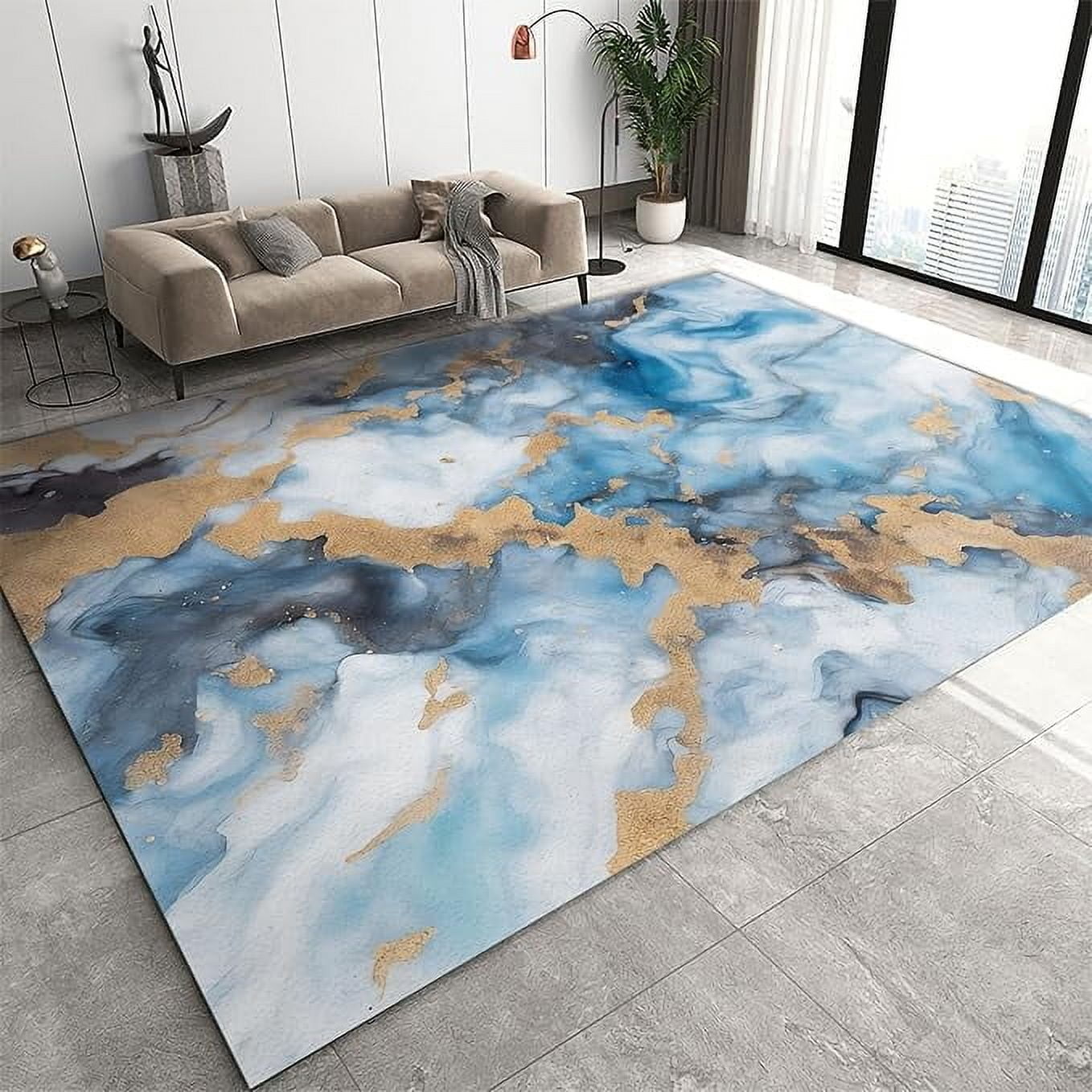 Blue Fluid Ink Texture Area Rugs, Modern Platinum Marble Cracks Living ...