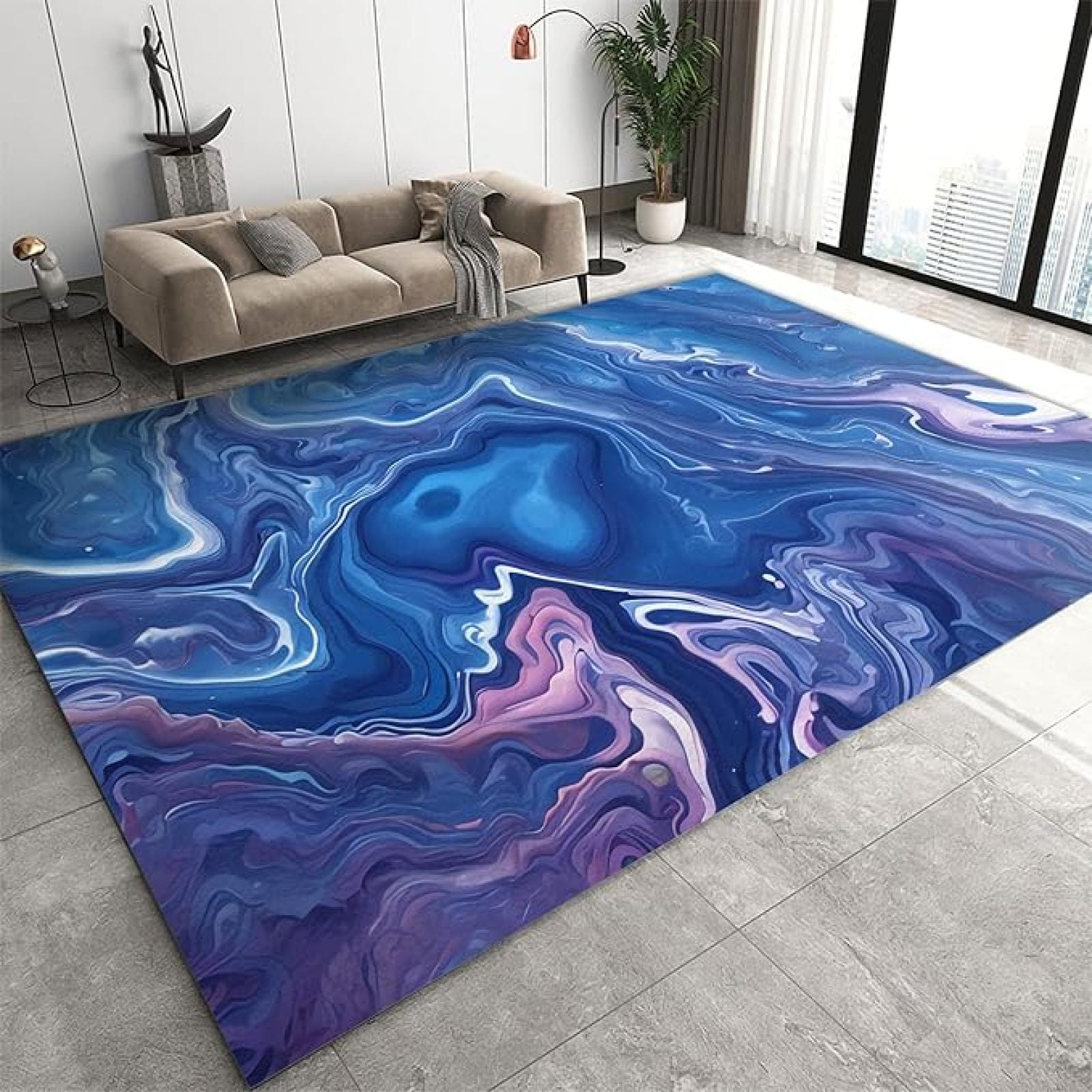 Blue Fluid Marble Area Rug, Navy Blue Ink Swirl Texture Washable Carpet ...