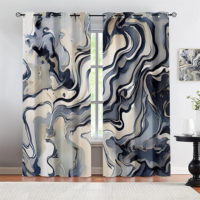 Blue Fluid Marble Texture Blackout Curtains, Ink Blue Water Ripples ...