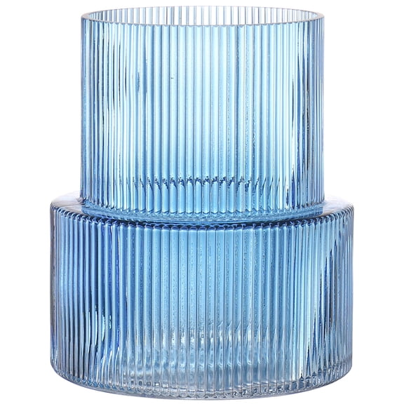 Blue Fluted Ribbed Glass Vase - 7.5 Inch Tall Vase for Fresh Flowers, Centerpiece Decor for Wedding, Living Room, Dining Table, Office
