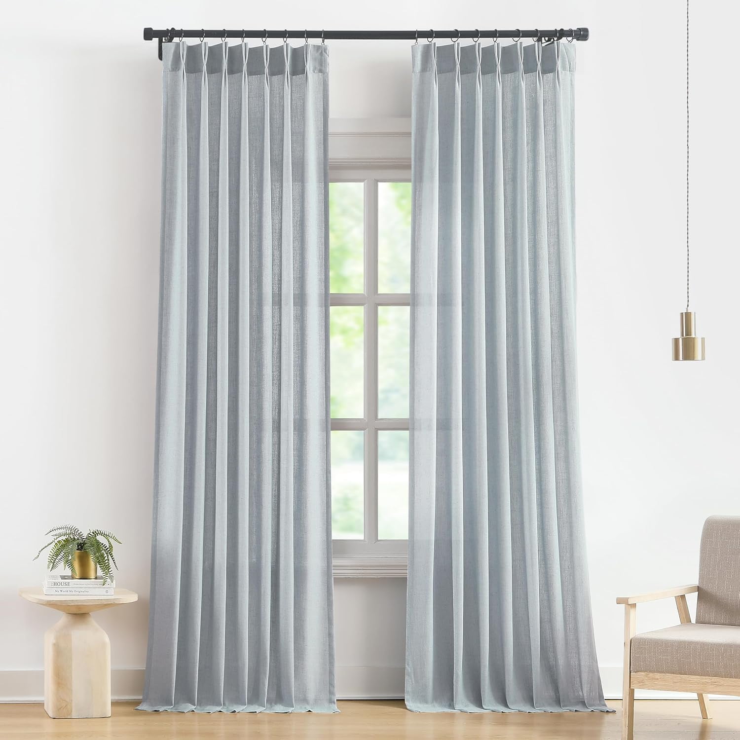 Blue Fog Pinch Pleated Semi Sheer Curtains Textured Linen Blended Light Blue Fog Pinch Pleated Semi Sheer Curtains Textured Linen Blended Light