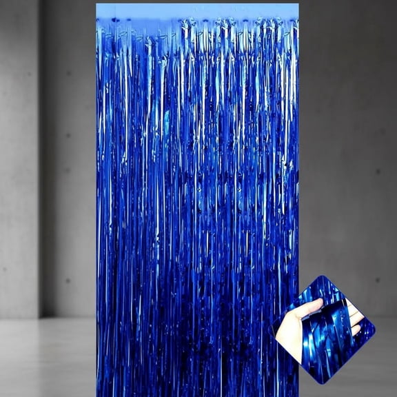 Blue Foil Fringe Curtain Backdrop, Metallic Tinsel Fringe Streamers Curtains Background for Photo Booth, Birthday, Wedding, Halloween, Christmas Party Decoration