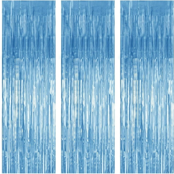 Blue Foil Fringe Curtain, Metallic Photo Booth Backdrop Tinsel Door Curtains for Wedding Birthday Bridal Shower Baby Shower Bachelorette Christmas Party Decorations (3 Pack, 6.6 ft x 3.3 ft)