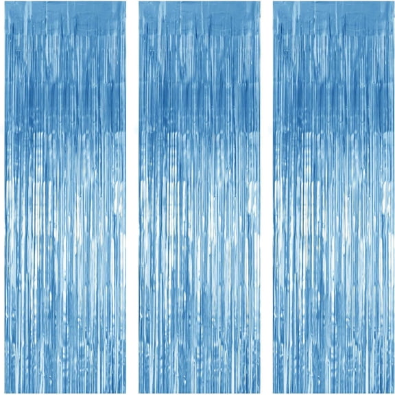 Blue Foil Fringe Curtain, Metallic Photo Booth Backdrop Tinsel Door Curtains for Wedding Birthday Bridal Shower Baby Shower Bachelorette Christmas Party Decorations (3 Pack, 6.6 ft x 3.3 ft)