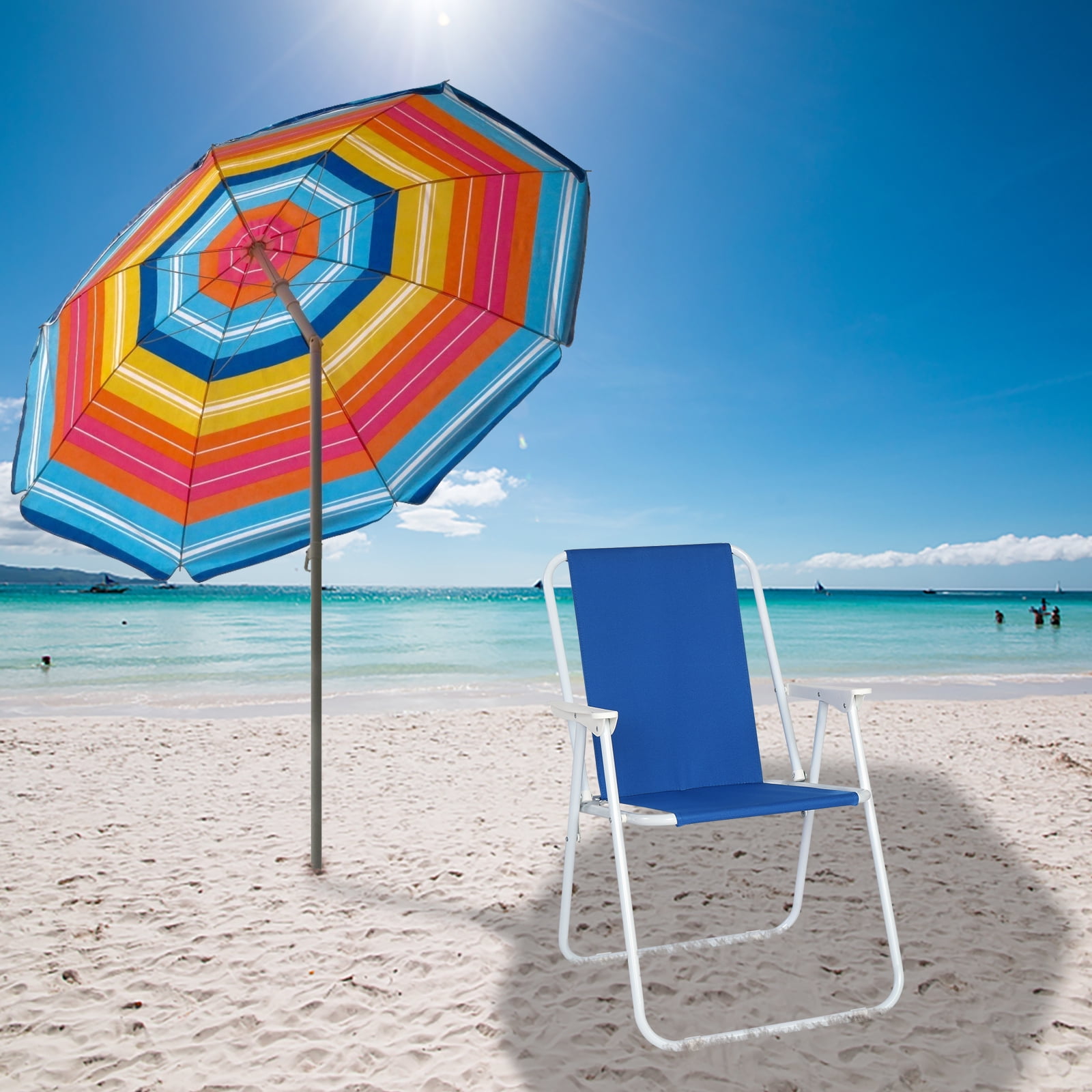 Blue Foldable Outdoor Beach Chair, Oxford Cloth & Iron Pipe Load-Bearing 100kg