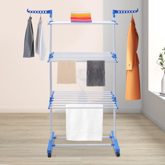 Blue Folding Clothes Drying Rack 4-Tier Clothes Horses Rack Stainless Steel Laundry Garment Dryer Stand with Two Side Wings