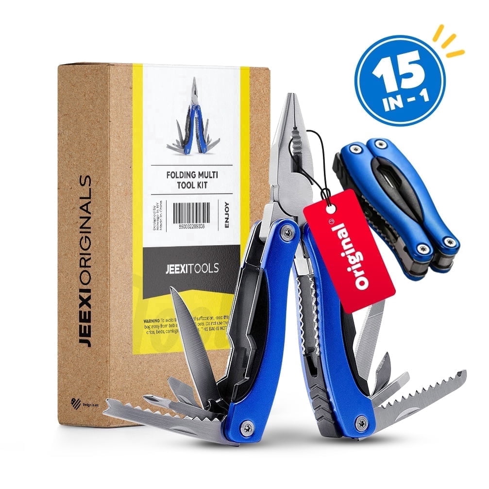 JEEXI Blue Folding Multi Tool Kit, Stainless Steel Pocket Multitool Plier for Camping, Hunting, Fishing, Hiking