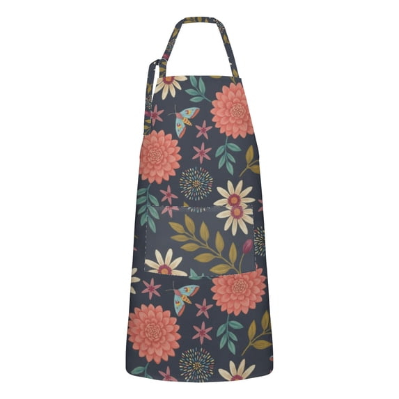 Blue Folk Dahlia Kitchen Apron with 2 Pockets, Linen-Style Fabric ...